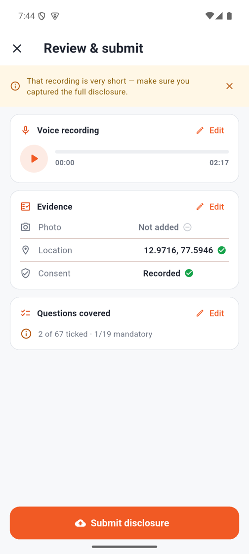 XoreVoice review and submit screen showing the voice recording, evidence with location and consent, and questions covered.